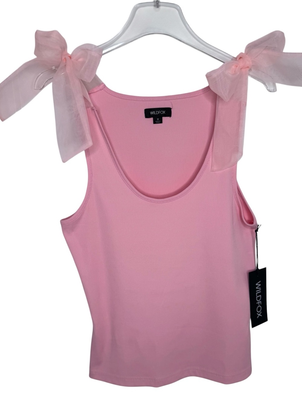 WILDFOX Women's Chelsea Organza Tie shoulder Ribbed Tank Top Pink Medium NEW